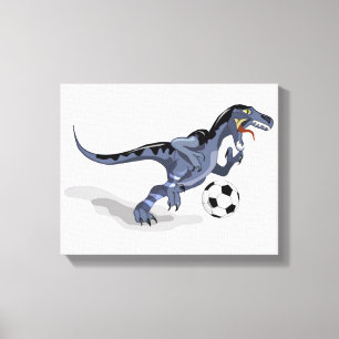 Illustratie van een raptor dinosaurus die voetbal  canvas afdruk