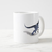 Illustratie van een raptor dinosaurus die voetbal  grote koffiekop (Voorkant rechts)