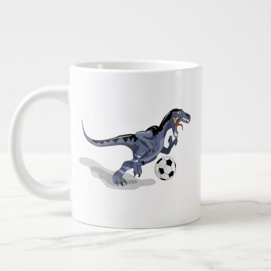 Illustratie van een raptor dinosaurus die voetbal  grote koffiekop (Links)