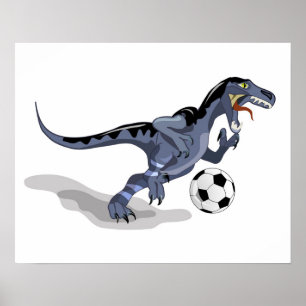 Illustratie van een raptor dinosaurus die voetbal  poster