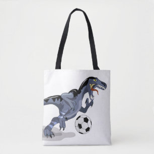 Illustratie van een raptor dinosaurus die voetbal tote bag