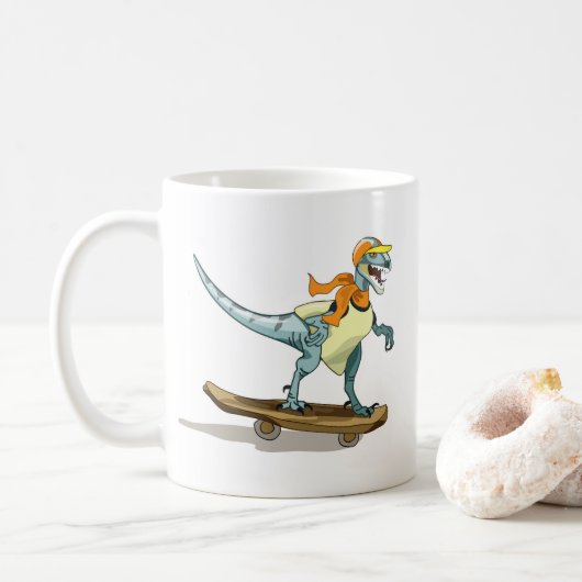 Illustratie van een raptor skateboarden. koffiemok (Met donut)