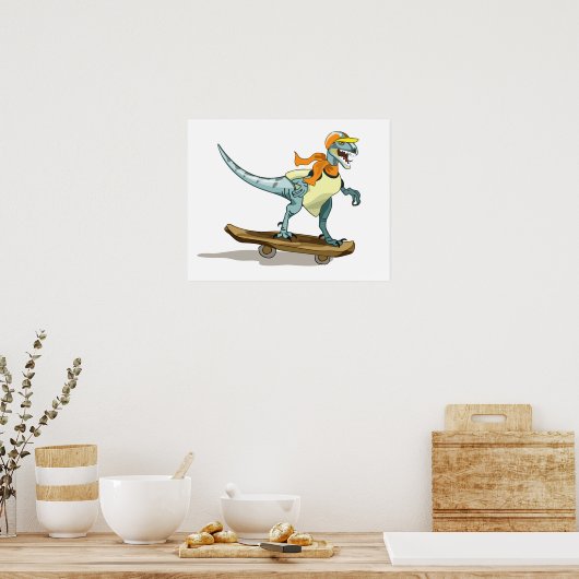 Illustratie van een raptor skateboarden. poster (Keuken)