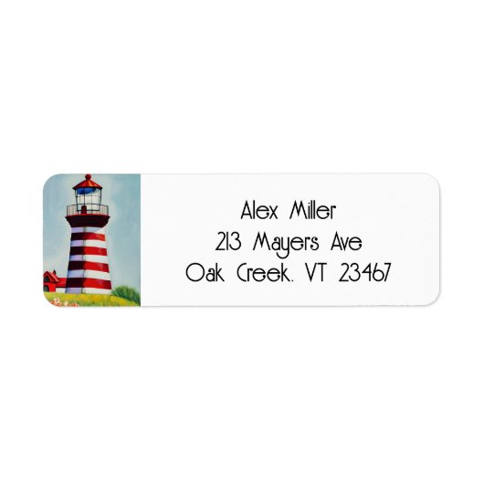 Illustratie van een rood-wit gestreepte vuurtoren etiket (Voorkant)