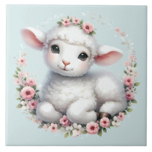 Illustratie van een schattig lammetje met bloemenk tegeltje