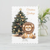 Illustratie van een schattige leeuw met een feeste feestdagenkaart (Staand voorkant)