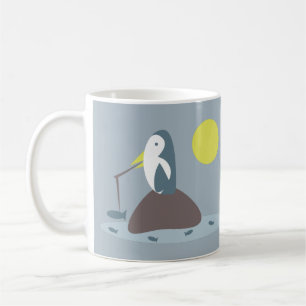 Illustratie van een schattige pinguïn die vist koffiemok