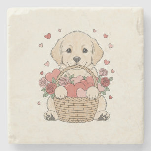 Illustratie van een schattige puppy met hart en ro stenen onderzetter