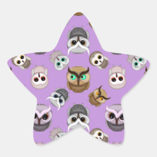 Illustratie van een schattige uil op paarse achter ster sticker