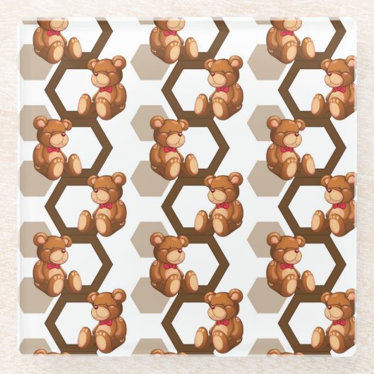 illustratie van een serie teddyberen op wit glazen onderzetter (Voorkant)