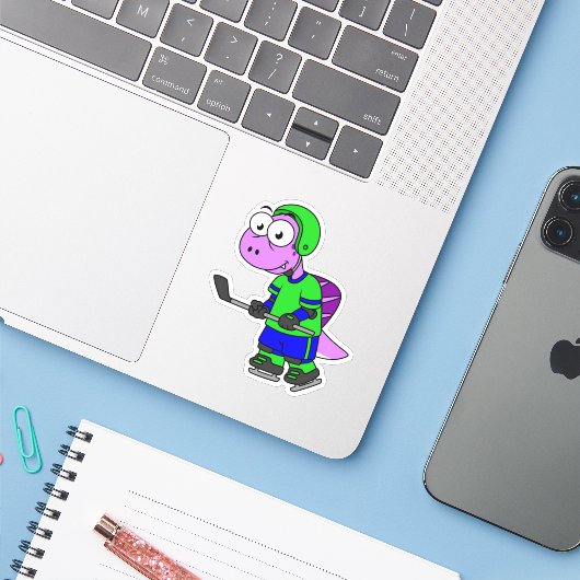 Illustratie van een Spinosaurus hockeyer. Sticker (Laptop met iPhone)
