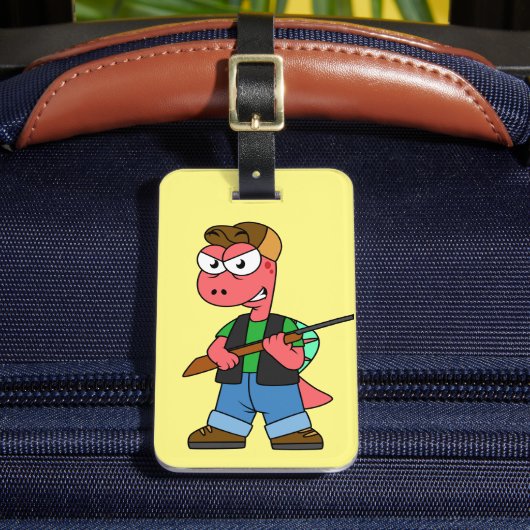 Illustratie van een Spinosaurusjager met Pistool. Bagagelabel (Voorkant Insitu 2)