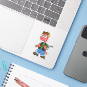 Illustratie van een Spinosaurusjager met Pistool. Sticker (Laptop met iPhone)