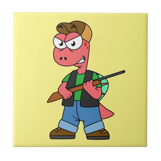 Illustratie van een Spinosaurusjager met Pistool. Tegeltje (Voorkant)