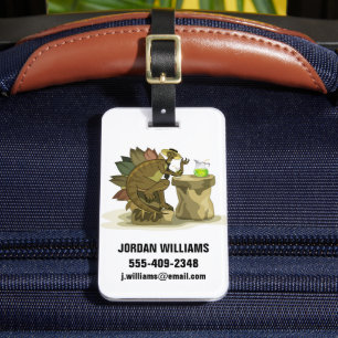 Illustratie van een stegosaurus die een drankje Dr Bagagelabel