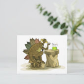 Illustratie van een stegosaurus die een drankje Dr Briefkaart (Staand voorkant)