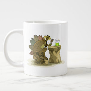 Illustratie van een stegosaurus die een drankje Dr Grote Koffiekop