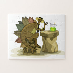 Illustratie van een stegosaurus die een drankje Dr Legpuzzel