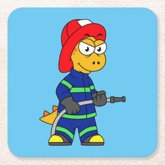 Illustratie van een Tyrannosaurus Rex brandweerman Kartonnen Onderzetters (Voorkant)