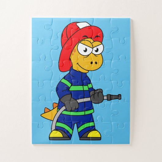 Illustratie van een Tyrannosaurus Rex brandweerman Legpuzzel (Verticaal)