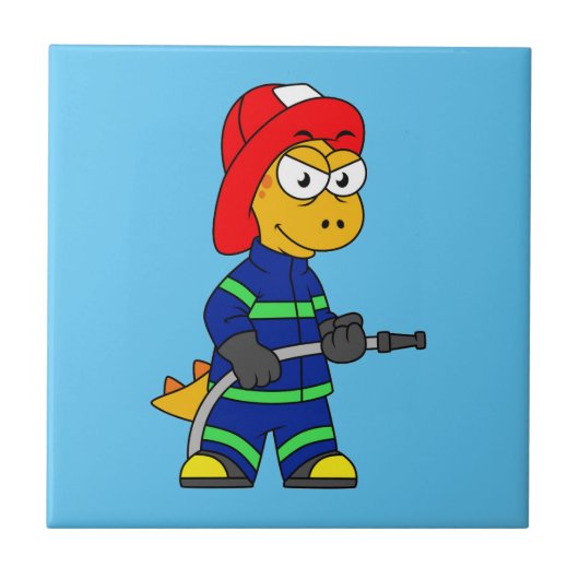 Illustratie van een Tyrannosaurus Rex brandweerman Tegeltje (Voorkant)