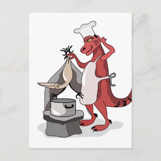 Illustratie van een Tyrannosaurus Rex kok koken. Briefkaart (Voorkant)
