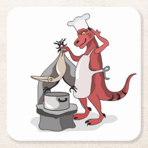 Illustratie van een Tyrannosaurus Rex kok koken. Kartonnen Onderzetters