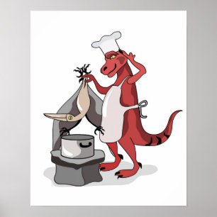 Illustratie van een Tyrannosaurus Rex kok koken. Poster