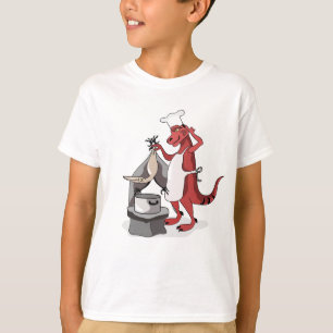 Illustratie van een Tyrannosaurus Rex kok koken. T-shirt