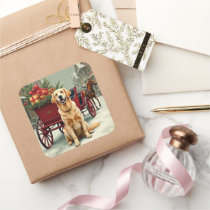 Illustratie van een vintage gouden retriever kerst vierkante sticker