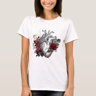 Illustratie van een vintage hart met bloedrode roz t-shirt
