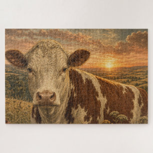 Illustratie van een vintage Highland-koe bij zonso Legpuzzel
