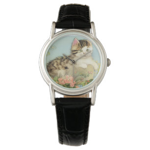 Illustratie van een vintage kat met roze bloemen horloge