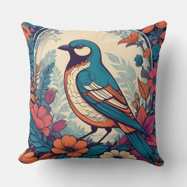 Illustratie van een vintage zangvogel kussen (Voorkant)