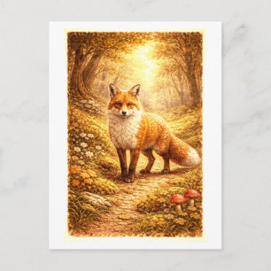 Illustratie van een vos in het bos in vintage stij briefkaart