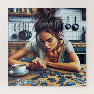 Illustratie van een vrouw die een puzzel doet