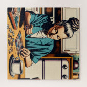 Illustratie van een vrouw die een puzzel maakt (Horizontaal)