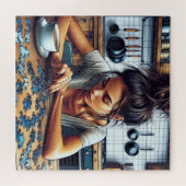 Illustratie van een vrouw die een puzzel maakt legpuzzel (Horizontaal)