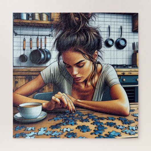 Illustratie van een vrouw die een puzzel maakt legpuzzel (Verticaal)
