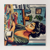 Illustratie van een vrouw die een puzzel maakt legpuzzel (Horizontaal)