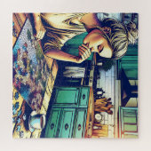 Illustratie van een vrouw die een puzzel maakt legpuzzel (Horizontaal)