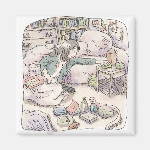 Illustratie van een vrouw die in een lichtpaarse s magneet