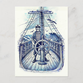  illustratie van een zeeman aan het roer briefkaart