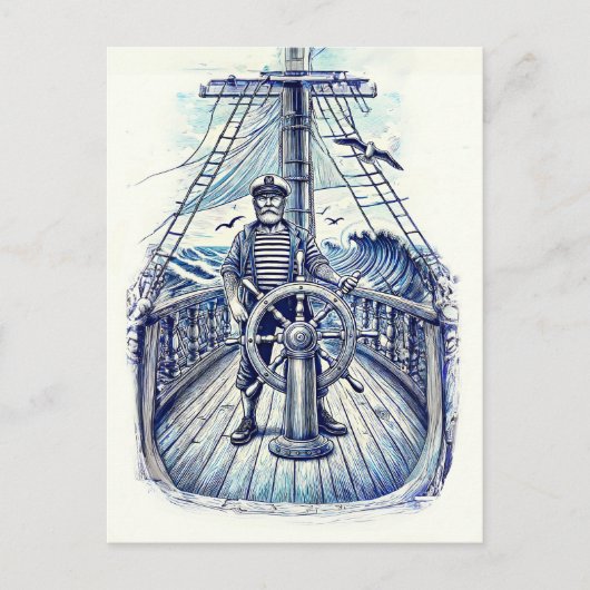  illustratie van een zeeman aan het roer briefkaart (Voorkant)