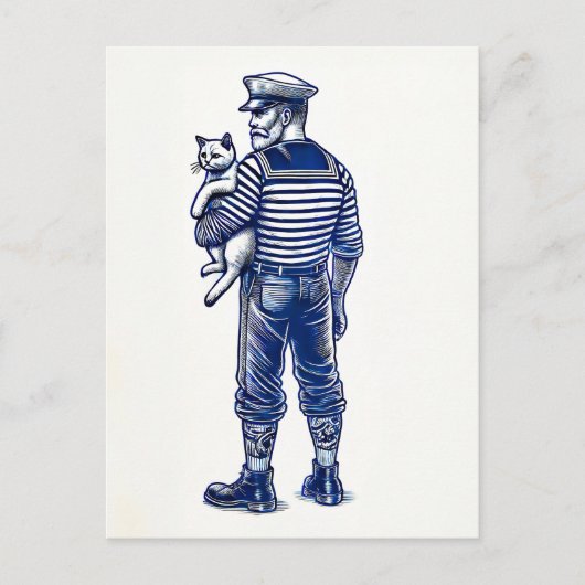 illustratie van een zeeman die een kat vasthoudt briefkaart (Voorkant)