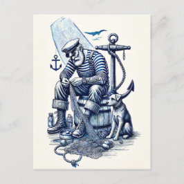  illustratie van een zeeman met hond briefkaart