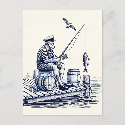  illustratie van een zeeman zittend op een pier briefkaart (Voorkant)