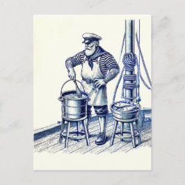 Illustratie van een zeiler die vissensoep kookt in briefkaart