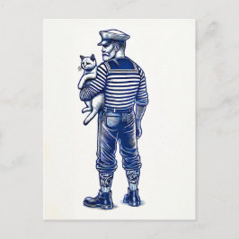 Illustratie van een zeiler met een kat briefkaart