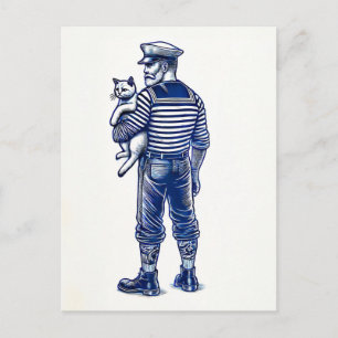Illustratie van een zeiler met een kat briefkaart